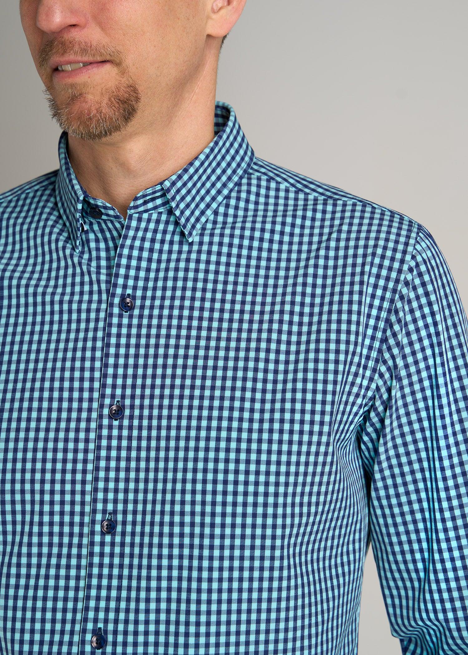 Traveler Stretch Dress Shirt for Tall Men in Teal Gingham Product Image