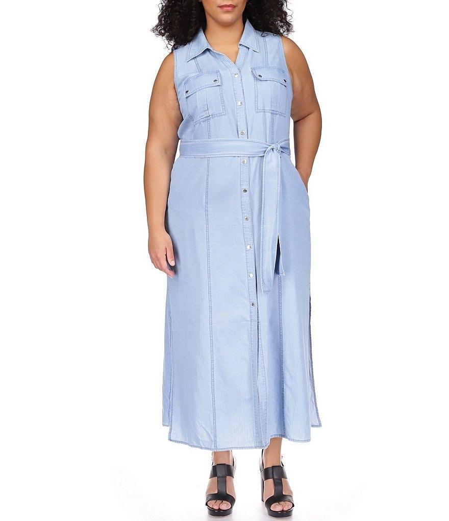 Michael Kors Plus Size Denim Collared Neck Sleeveless Maxi Shirt Dress Product Image