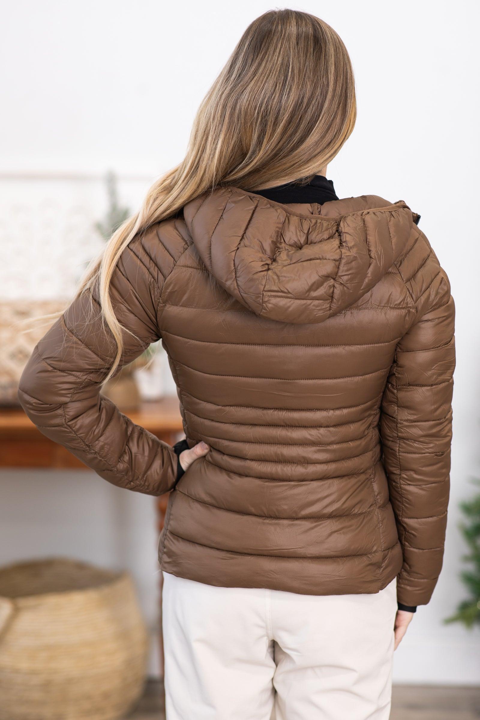 Brown Hooded Puffer Jacket With Thumbholes Product Image