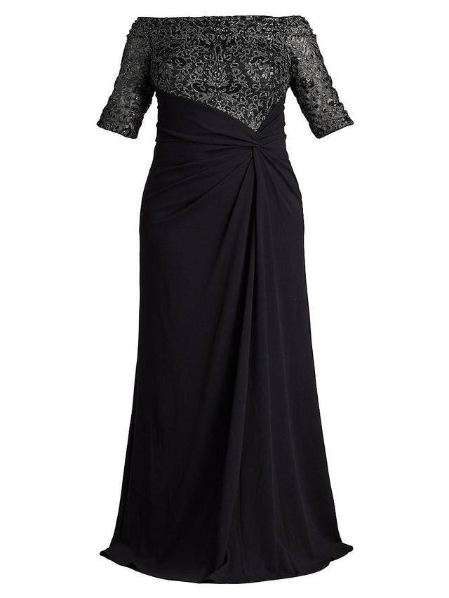 Tadashi Shoji Sequin Bodice Mixed Media Off the Shoulder Gown Product Image