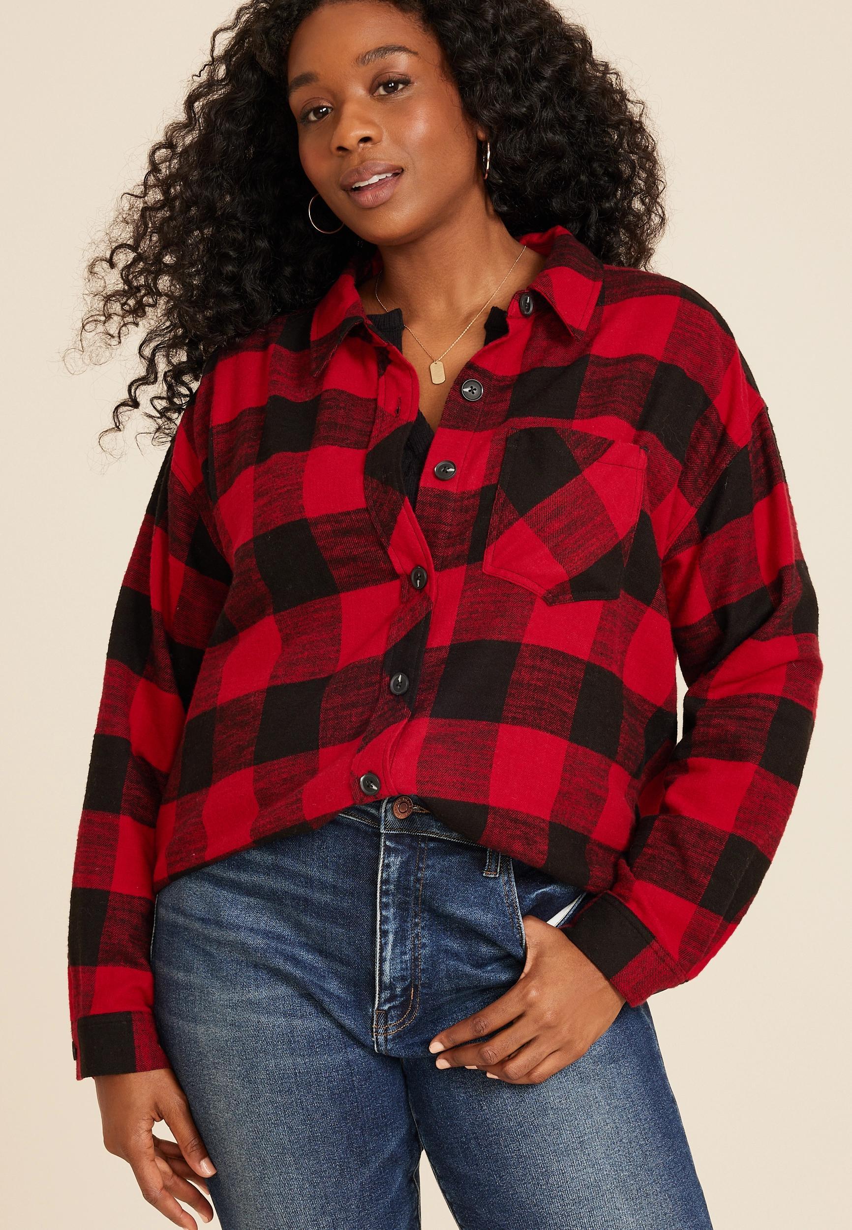 Maurices Plus Size Womens Cabin Plaid Boyfriend Tunic Shirt Red Size 4X Product Image