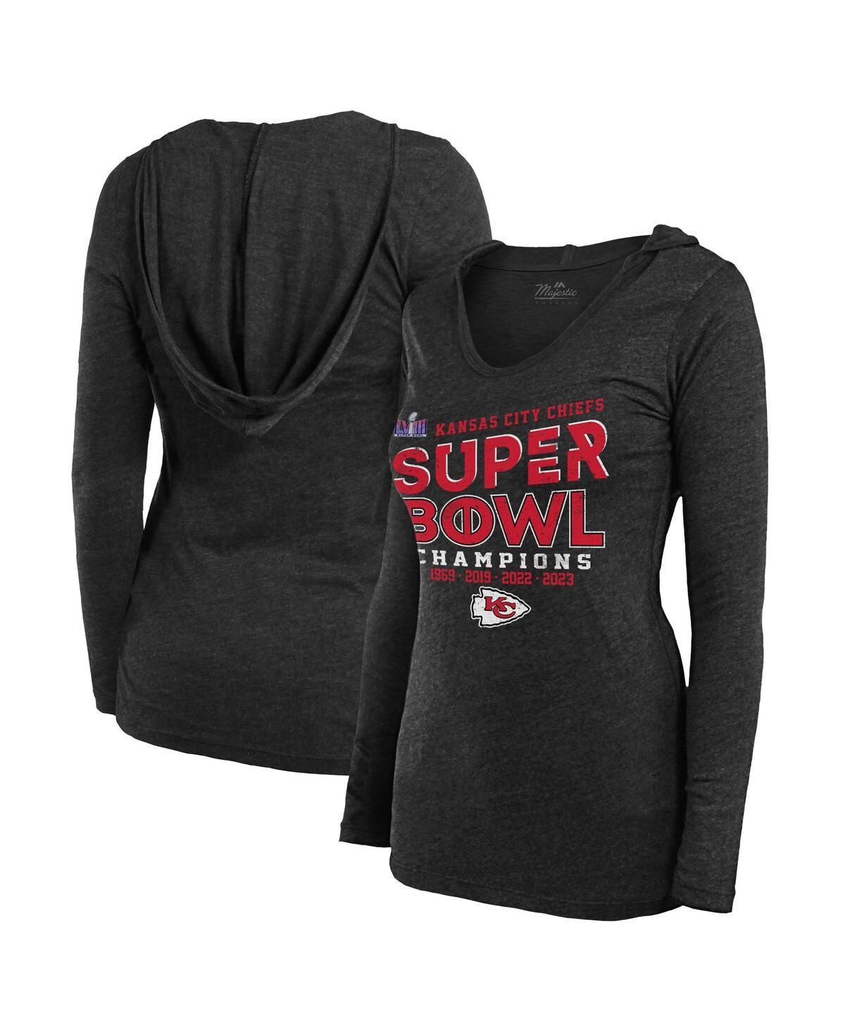 Womens Majestic Black Kansas City Chiefs Super Bowl Lviii Champions Loudmouth Tri-Blend V-Neck Long Sleeve Hoodie T-shirt Product Image