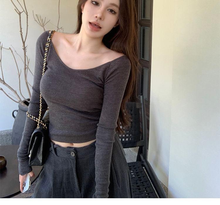 Long-Sleeve Off-Shoulder Plain Slim Fit Crop Knit Top Product Image