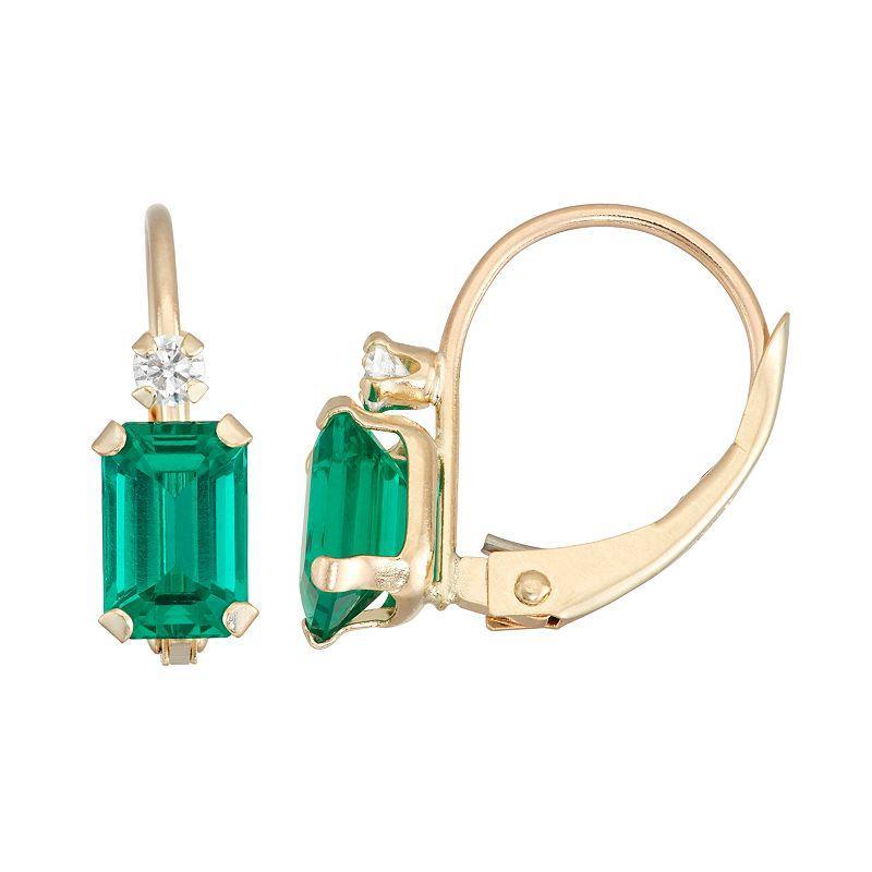 10k Gold Emerald-Cut Lab-Created Emerald & White Zircon Leverback Earrings, Womens, Green Product Image