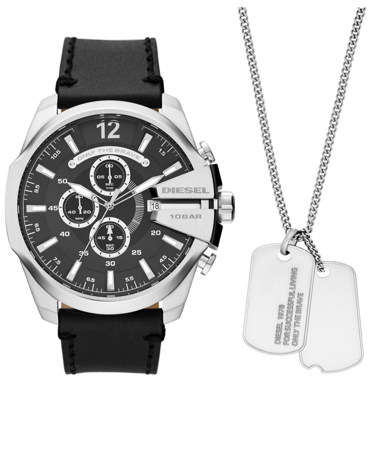 Diesel Mens Mega Chief Chronograph Black Leather Watch And Necklace Set 51mm Product Image