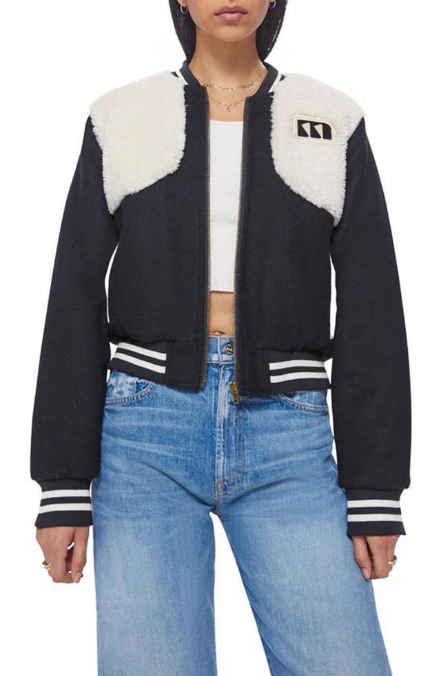 Vested Faux Fur Crop Varsity Bomber Jacket In Navy Product Image