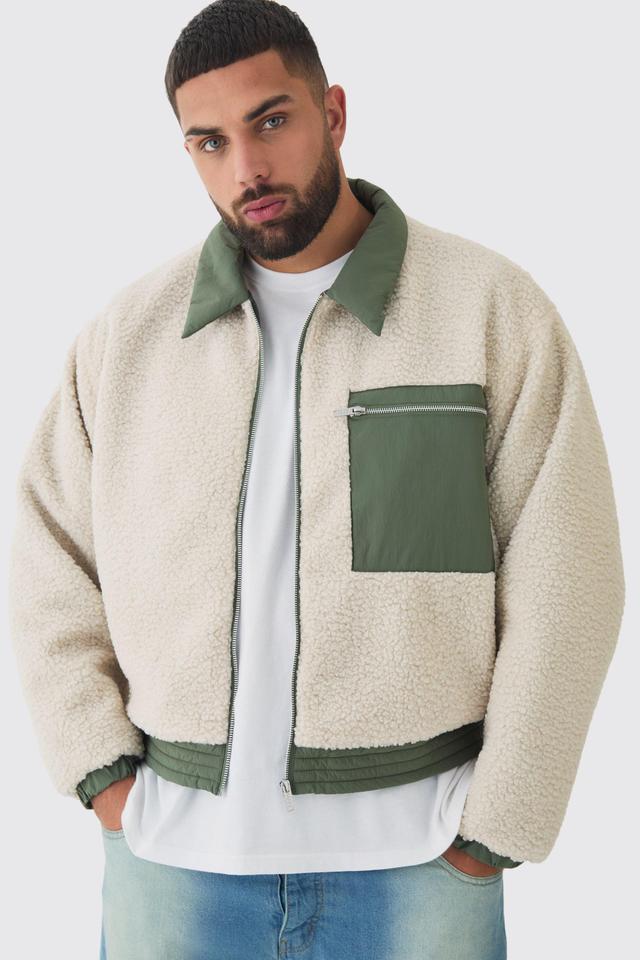 Plus Boxy Borg And Nylon Collared Bomber Jacket In Ecru | boohooMAN USA Product Image