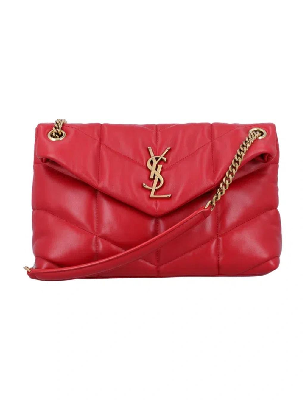 SAINT LAURENT Logo Plaque Puffer Chained Shoulder Bag In Red Product Image