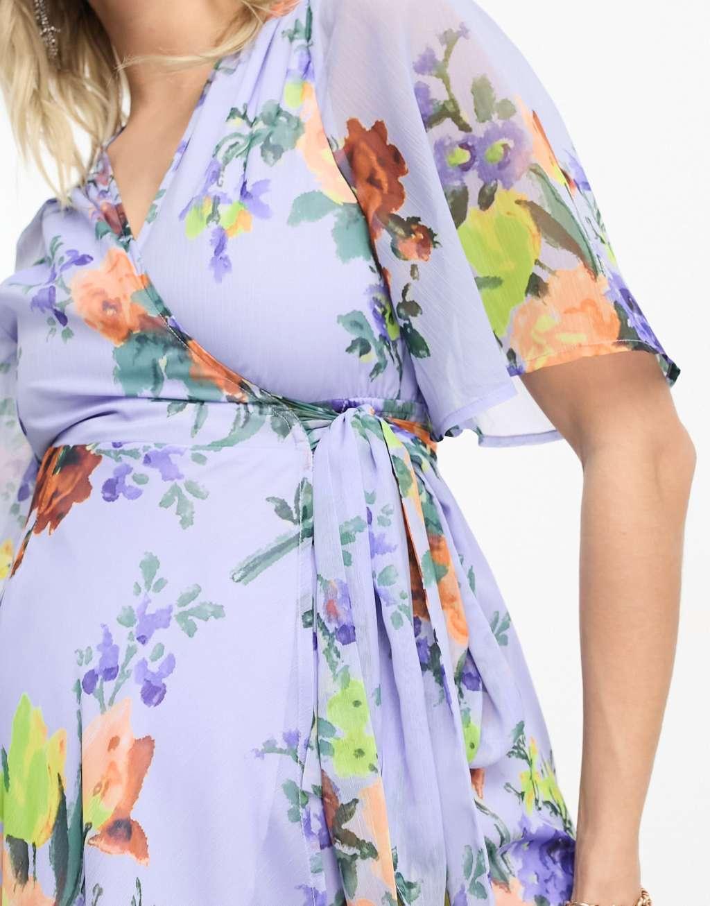 Hope & Ivy Maternity flutter sleeve wrap midaxi dress in lilac floral Product Image