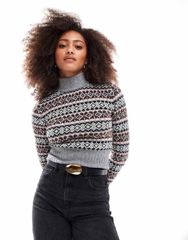 Bershka high neck fairisle sweater in gray Product Image