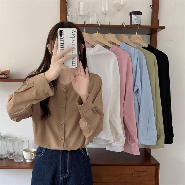 Long Sleeve Band Collar Plain Shirt Product Image