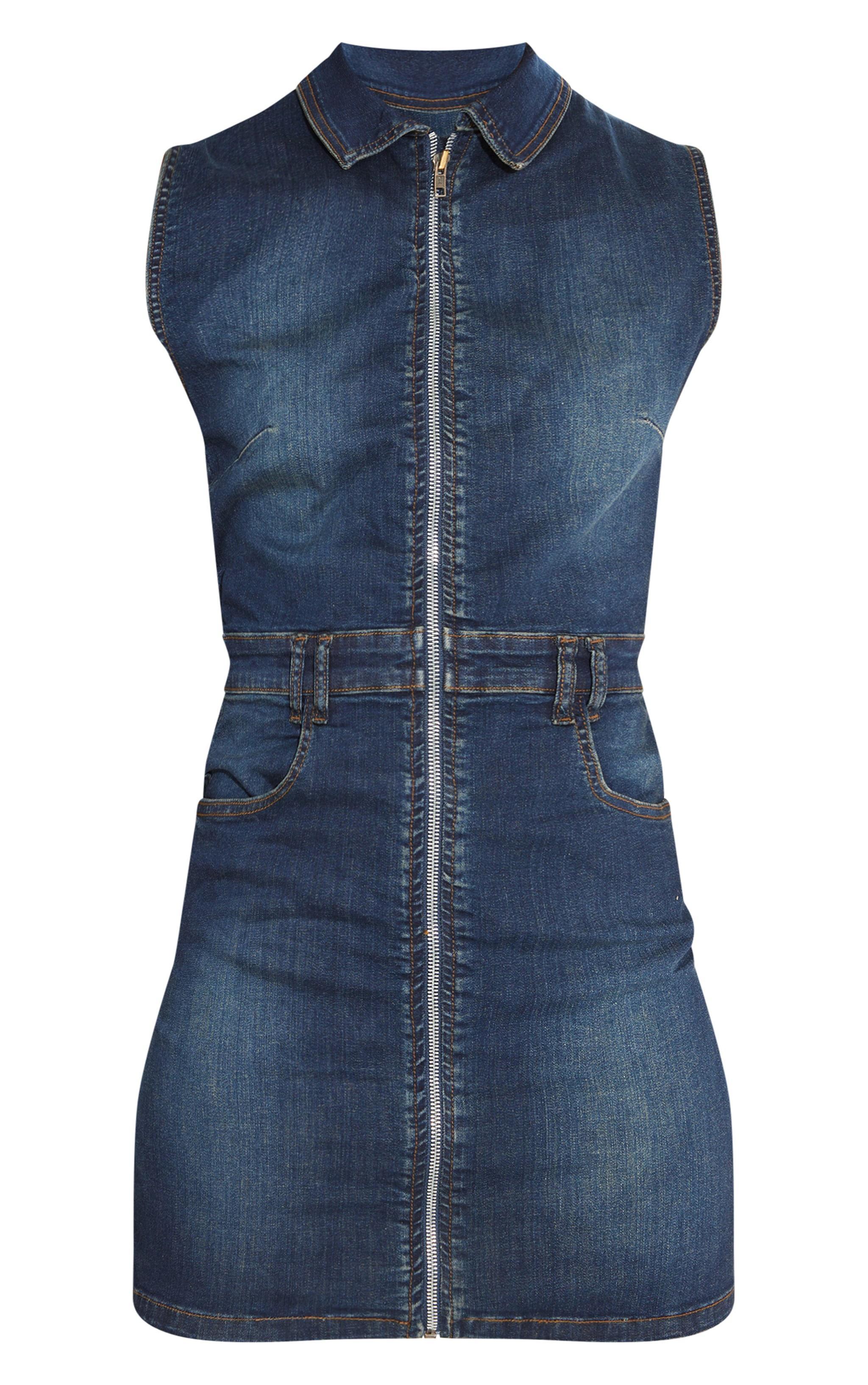 Tall Vintage Wash High Neck Zip Up Denim Mini Dress Product Image