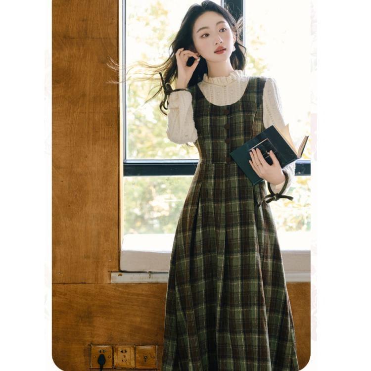 Long Sleeve Stand Collar Plaid Mock Two Piece Midi A-Line Dress Product Image