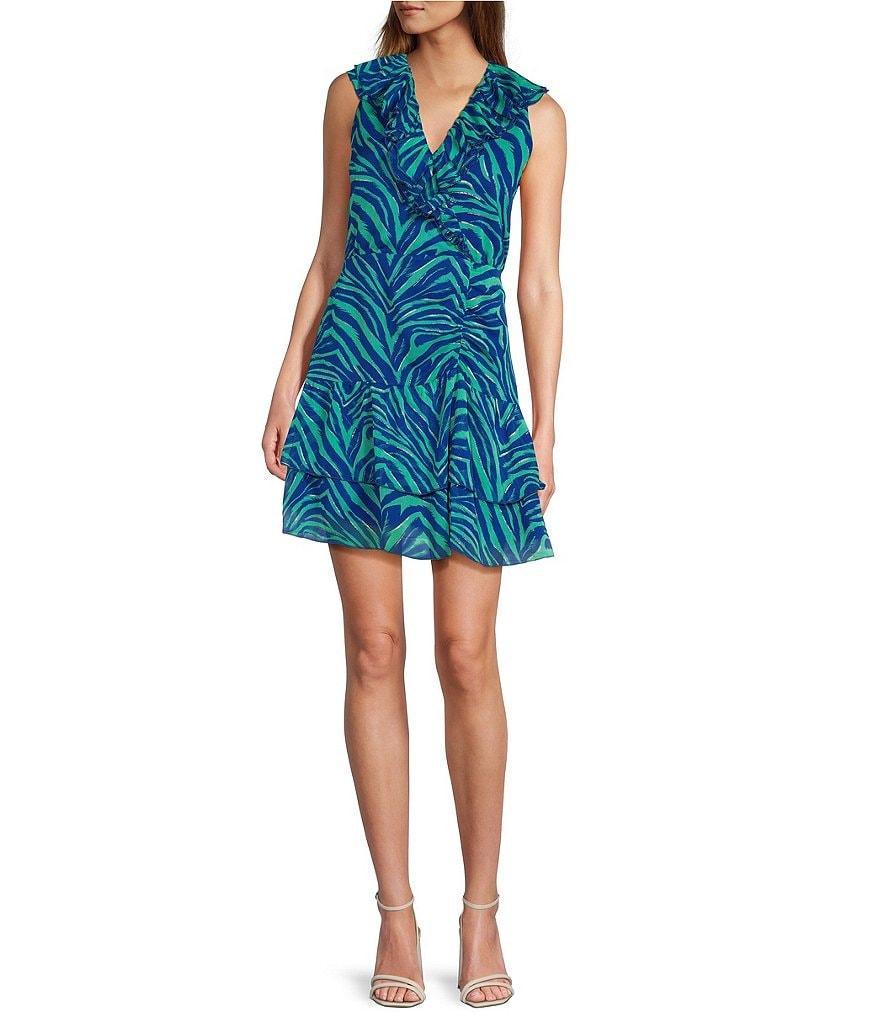 Sam Edelman Printed Ruffle V-Neck Sleeveless Tiered Mini Dress Product Image