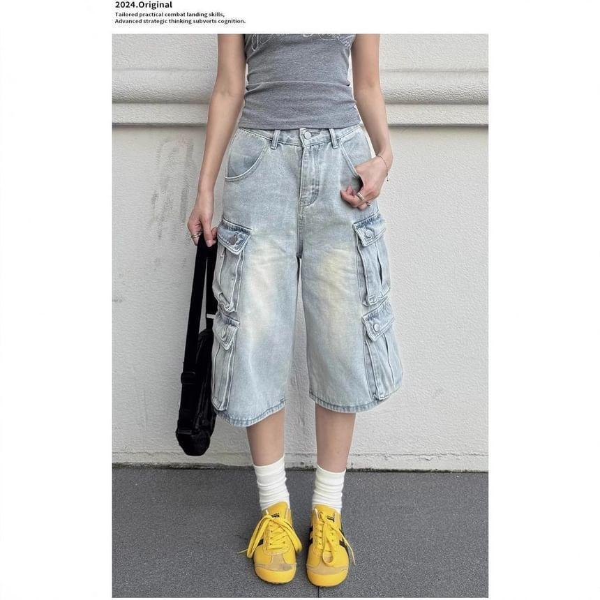 High Waist Washed Pocket Wide-Leg Cargo Denim Shorts Product Image