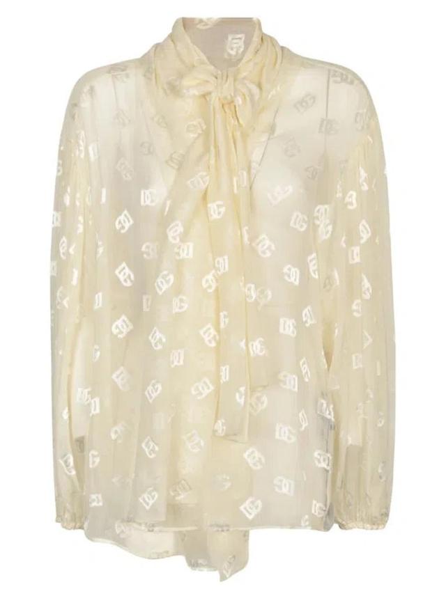 DOLCE & GABBANA Logo-jacquard Pussy-bow Collar Blouse In White Product Image