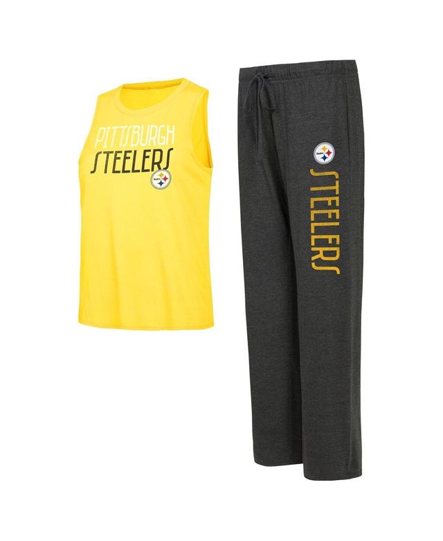 Womens Concepts Sport Black Distressed Pittsburgh Steelers Muscle Tank Top and Pants Lounge Set - Black Product Image