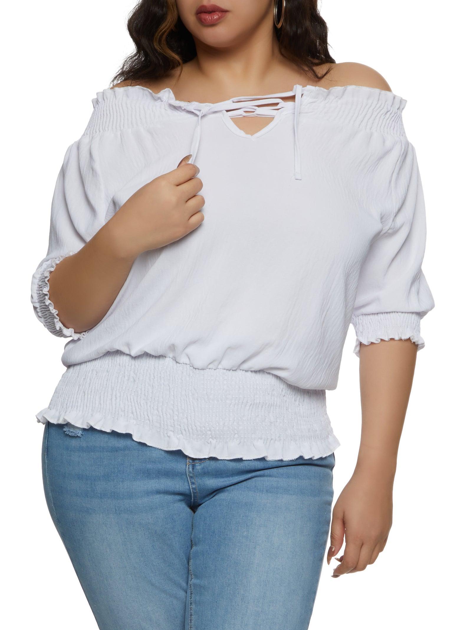 Womens Plus Size Lace Up Front Off the Shoulder Peasant Top Product Image