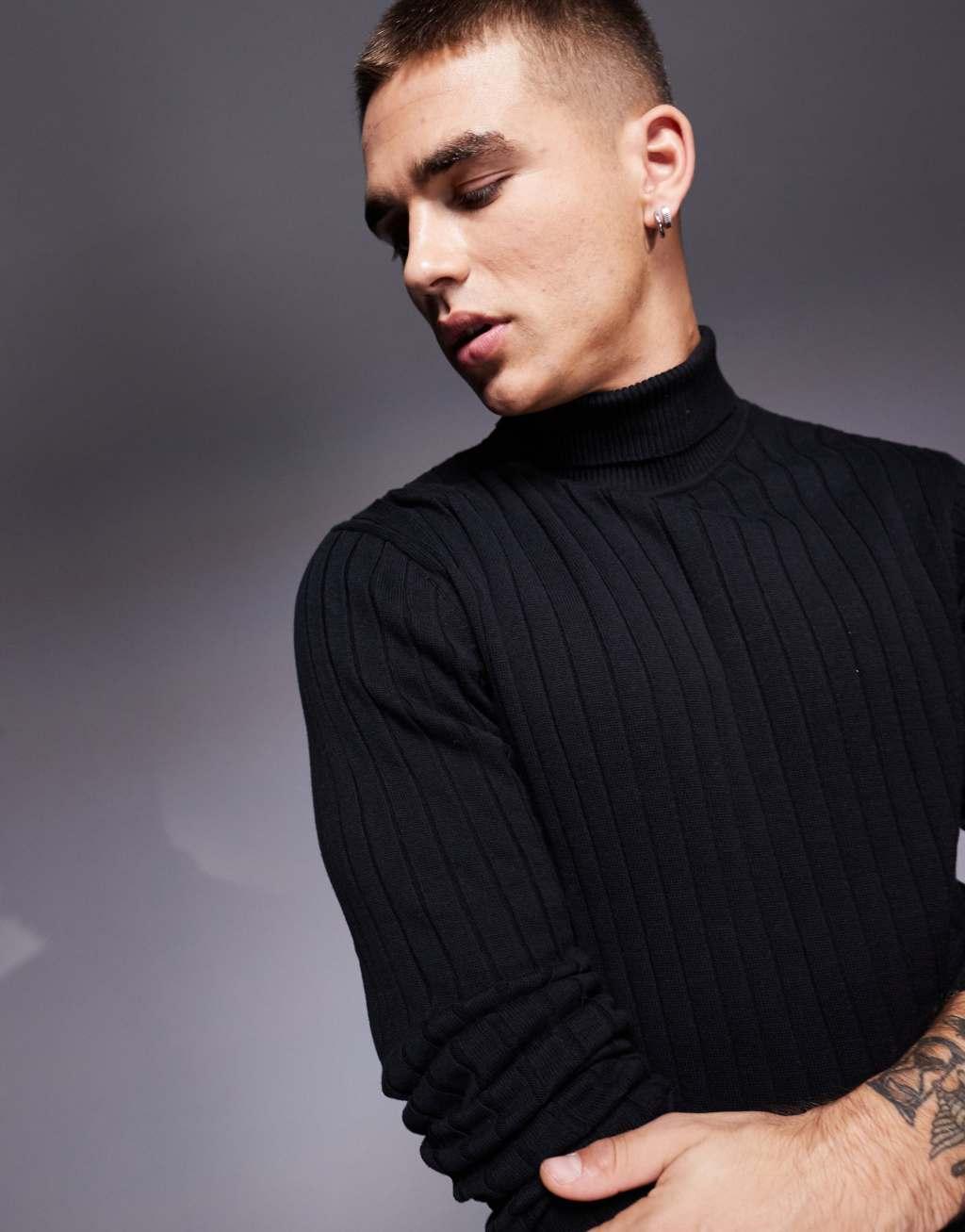 ASOS DESIGN essential muscle fit knitted rib roll neck sweater in black Product Image