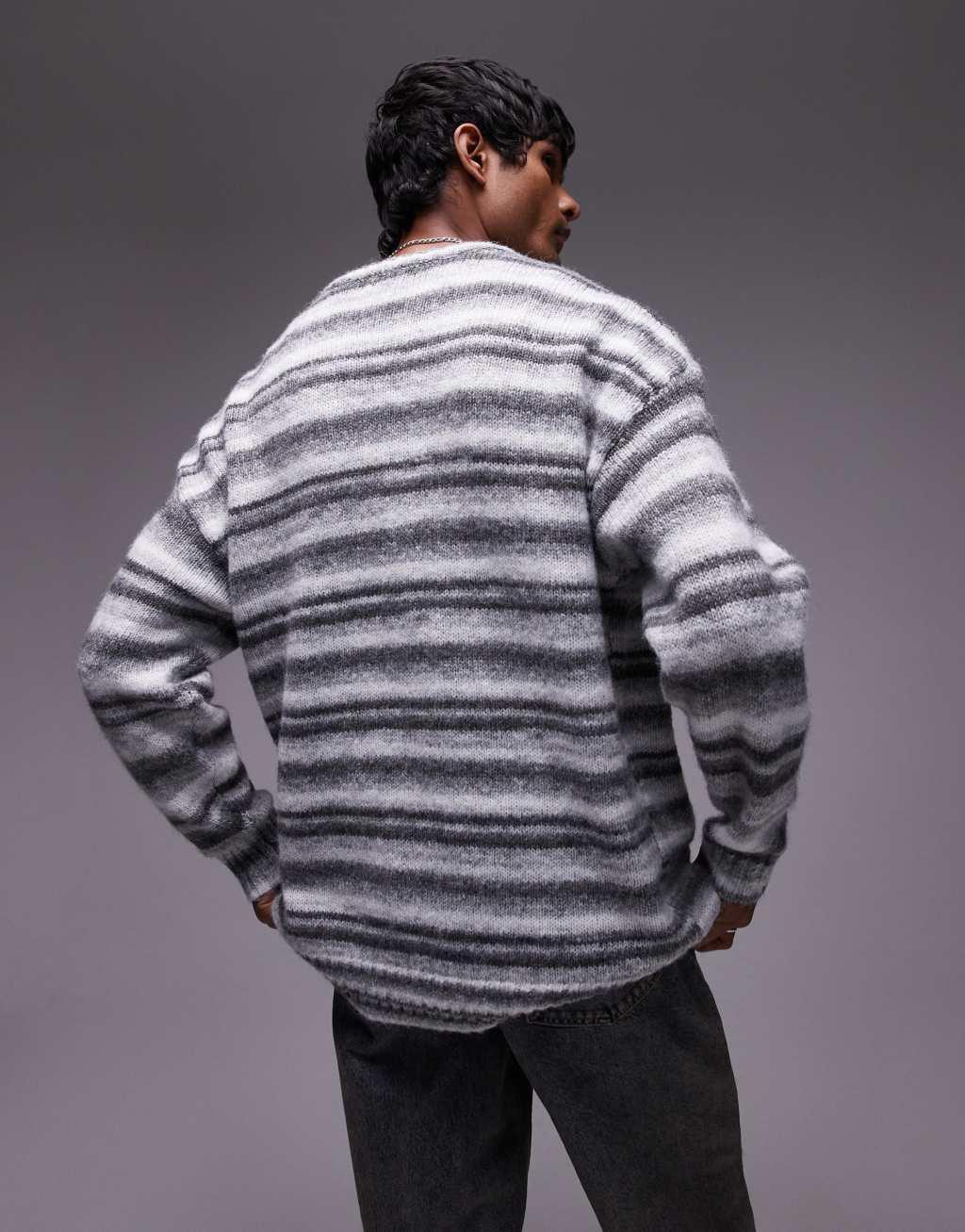 Topman relaxed fit fluffy stripe sweater in gray stripe Product Image