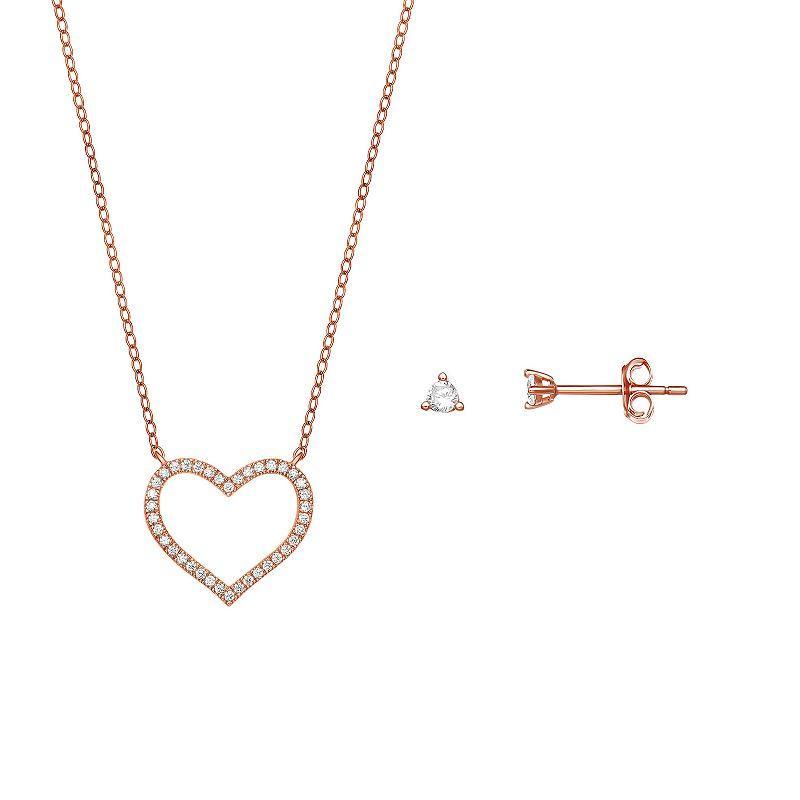 PRIMROSE 18k Gold Over Silver Cubic Zirconia Open Heart Necklace & Stud Earring Set, Womens, White Product Image