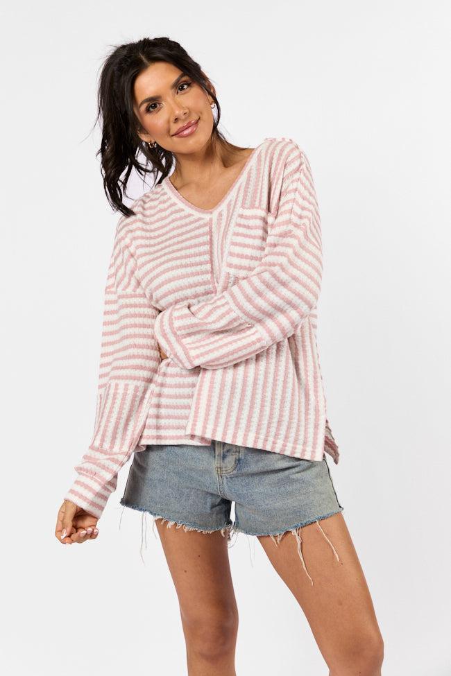 All For Sun Pink and Ivory Striped Knit V-Neck Long Sleeve Tee Product Image