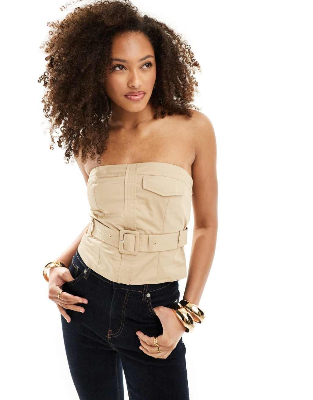 Bershka belted bandeau top in sand Product Image