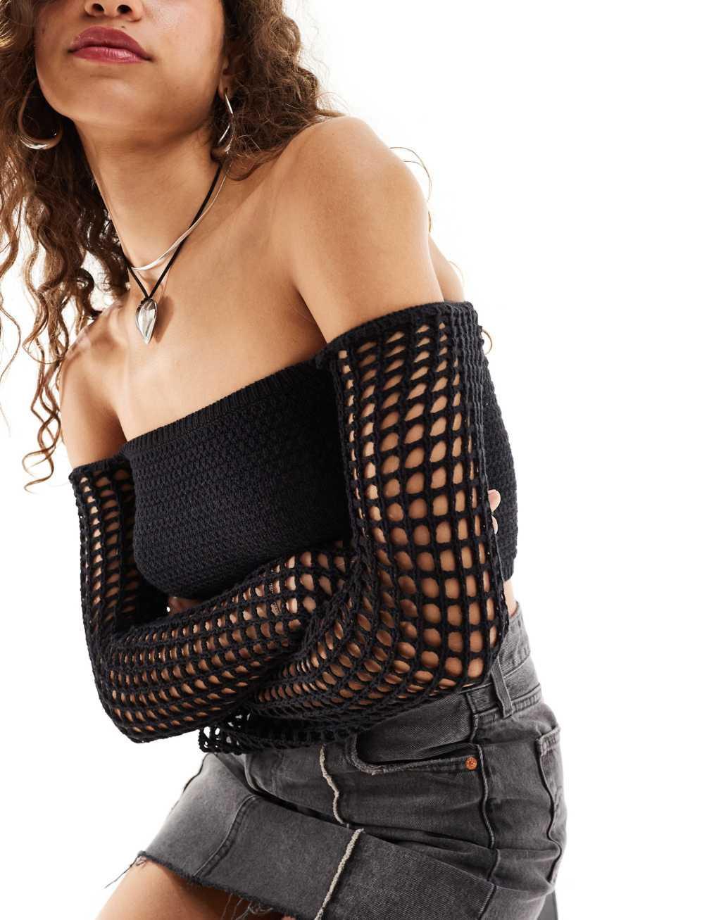 Noisy May off shoulder open knit top in black Product Image