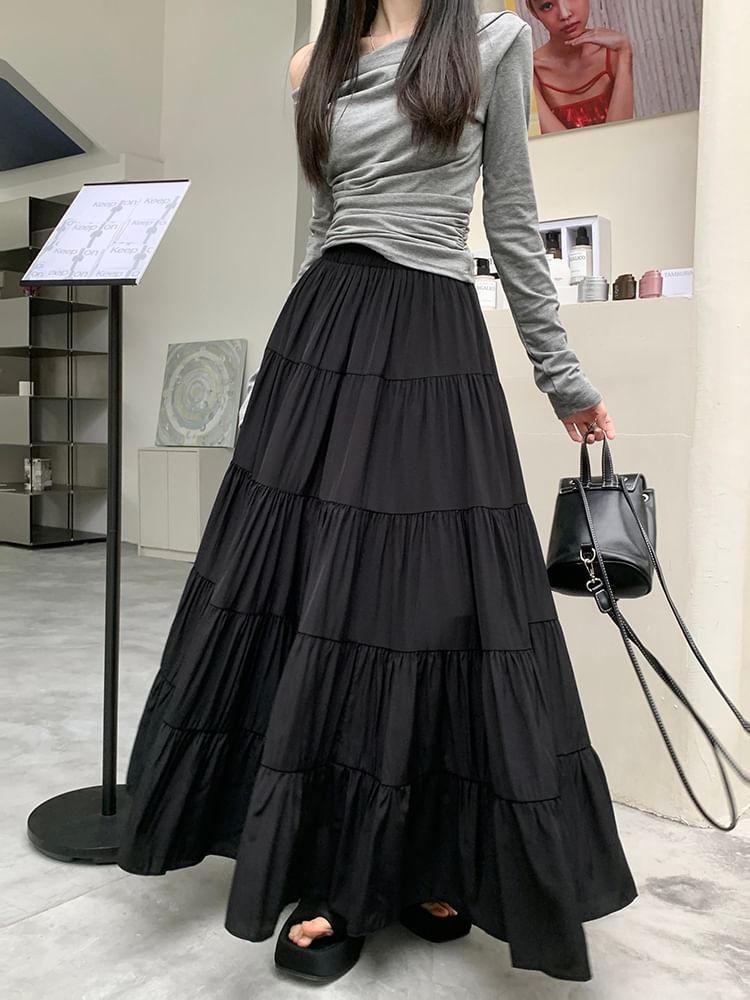 Elastic Waist Plain Tiered Maxi A-Line Skirt Product Image