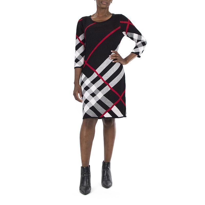 Womens Nina Leonard Oversize Plaid Sweater Dress Black Deep Blue Wh Product Image