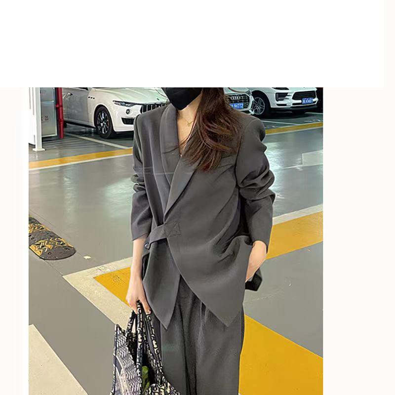 Set: Shawl Neck Plain Sashed Blazer + Mid Rise Loose Fit Dress Pants Product Image