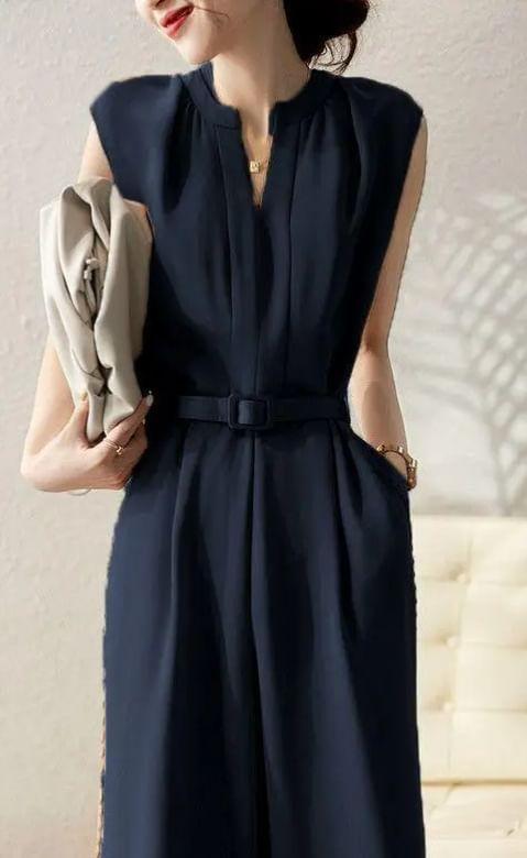 Set: Sleeveless Notch Neck Plain Wide Leg Jumpsuit + Belt Product Image