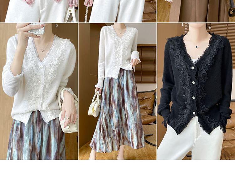 V-Neck Plain Lace Trim Fringed Button-Up Cardigan Product Image