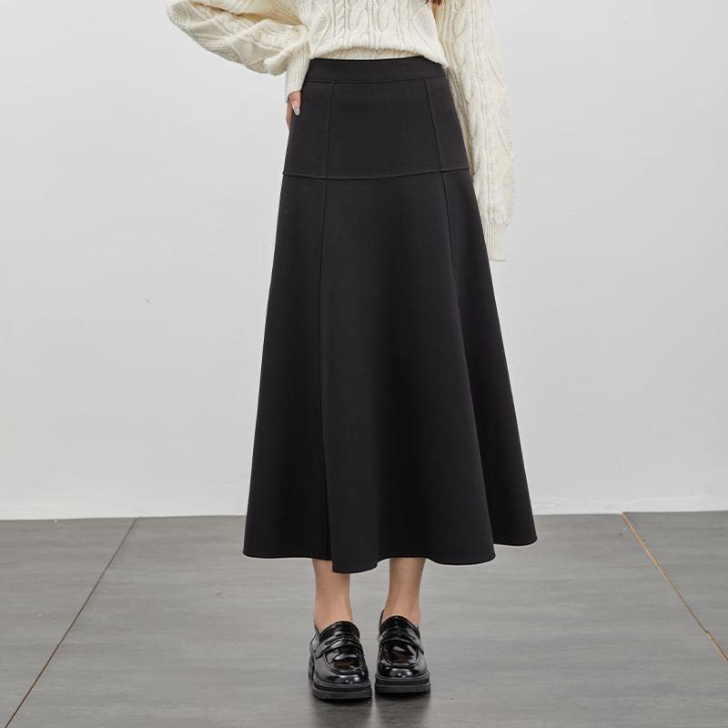 High Waist Plain Midi A-Line Skirt Product Image