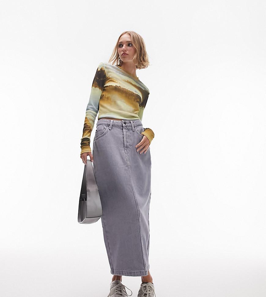 Topshop petite denim midi skirt in gray  Product Image