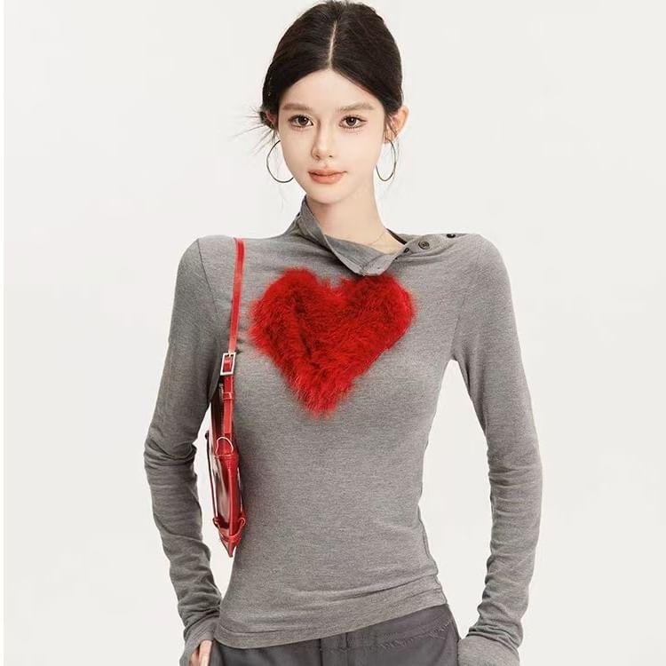 Long-Sleeve Mock Neck Furry Heart Top Product Image