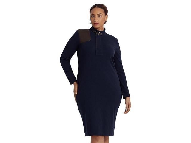 LAUREN Ralph Lauren Plus Size Faux Leather-Trim Stretch-Cotton Dress (Lauren Navy) Women's Clothing Product Image