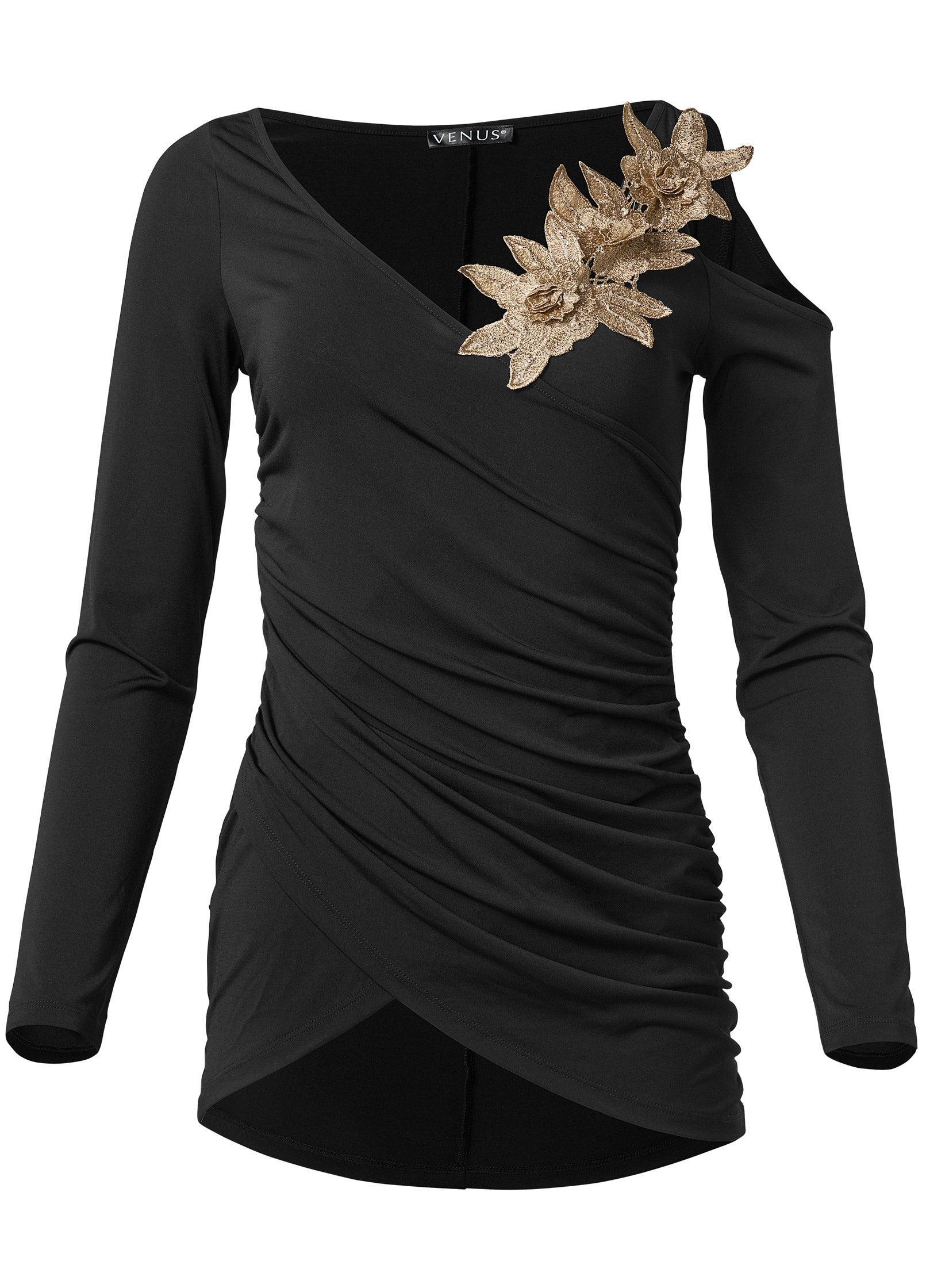 Floral Applique Wrap Top - Black product image