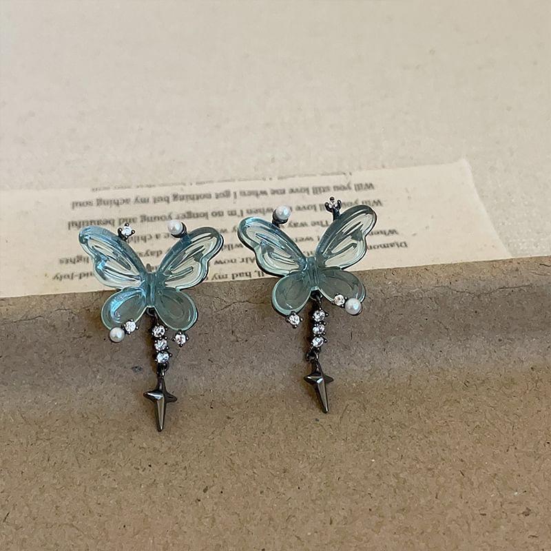 925 Sterling Silver Butterfly Rhinestone Star Drop Earring Product Image