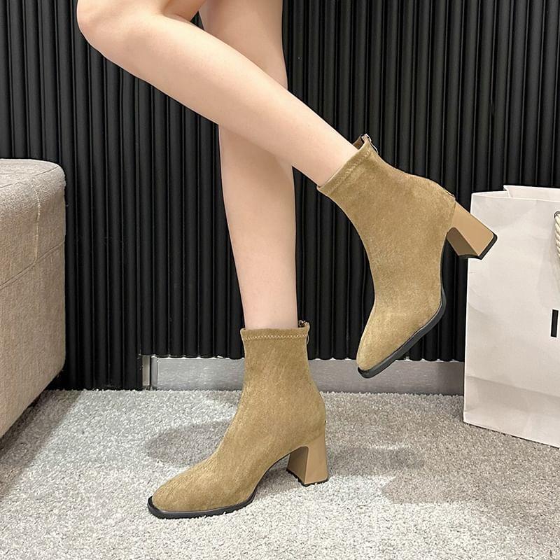 Square Toe Faux Suede Block Heel Short Boots Product Image