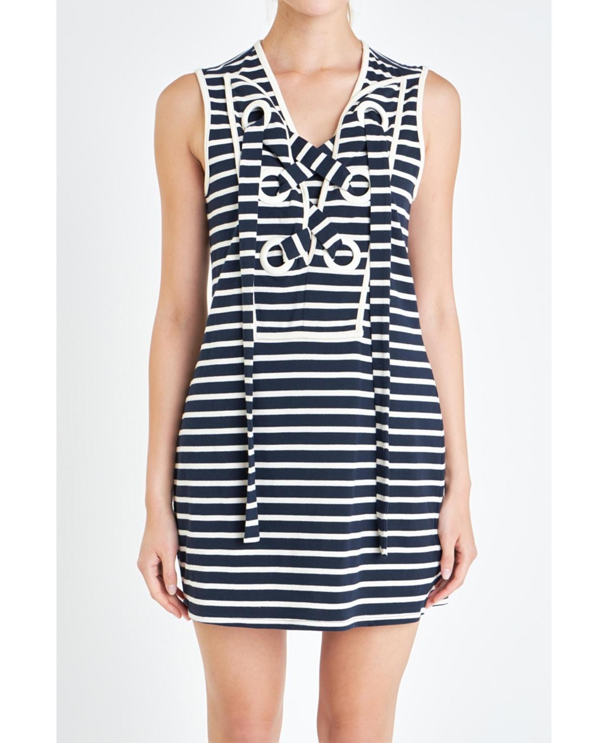 English Factory Womens Striped Knit Lace Up Dress - Navy Product Image