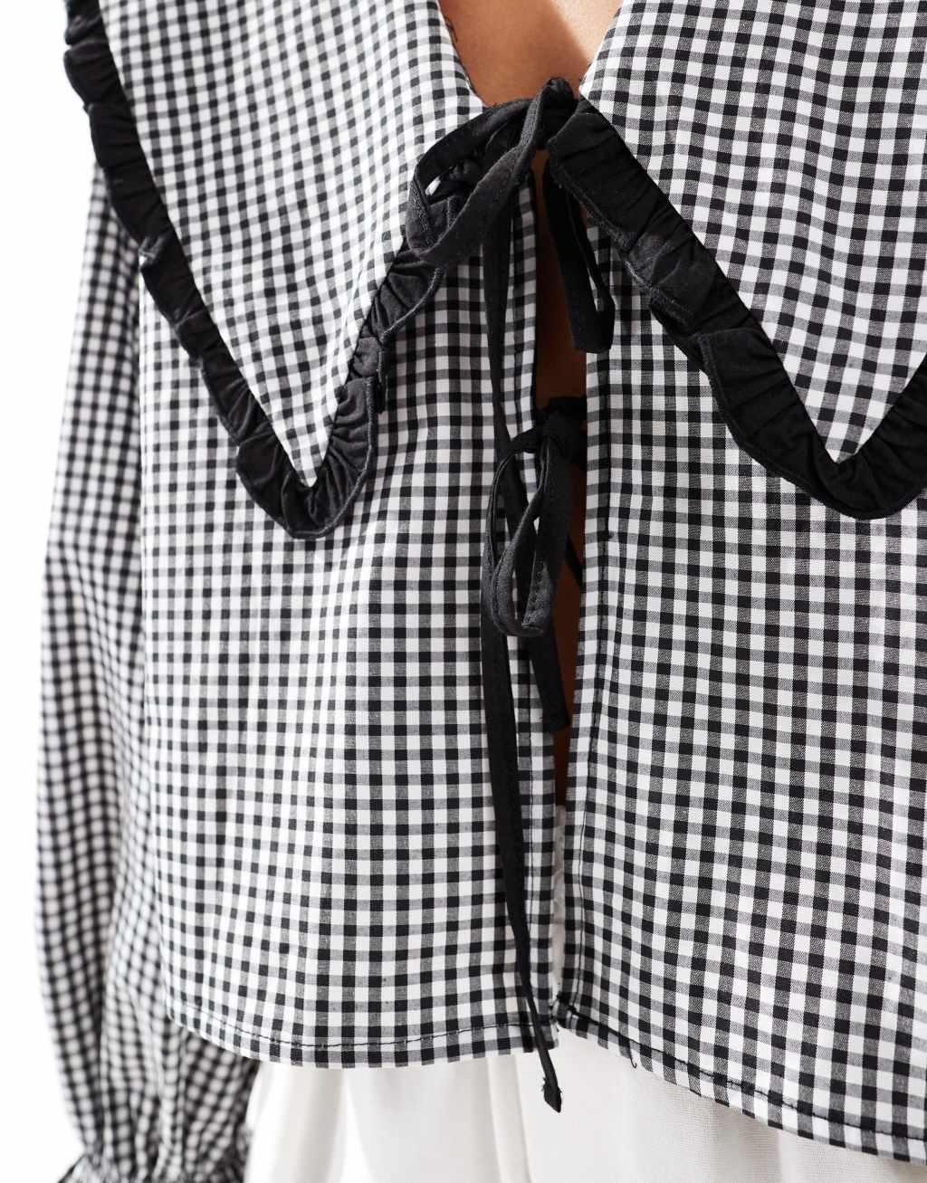 ASOS DESIGN oversized collar tie front blouse in black gingham Product Image