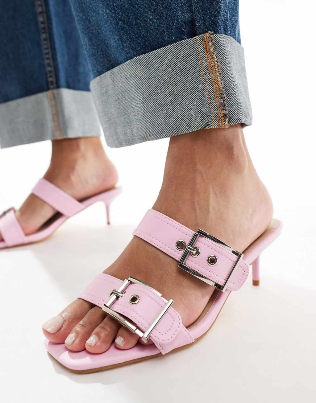 Truffle Collection kitten heel double buckle strap mules in pink Product Image