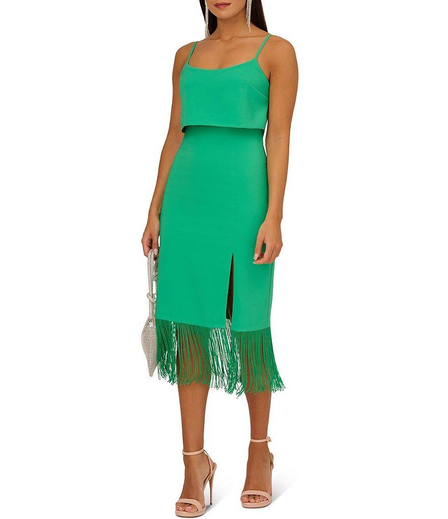 Adrianna by Adrianna Papell Stretch Crepe Scoop Neck Sleeveless Fringe Trim Dress Product Image