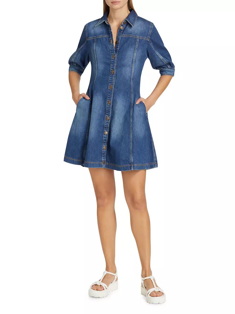 Barb Cotton Denim Puff-Sleeve Minidress Product Image