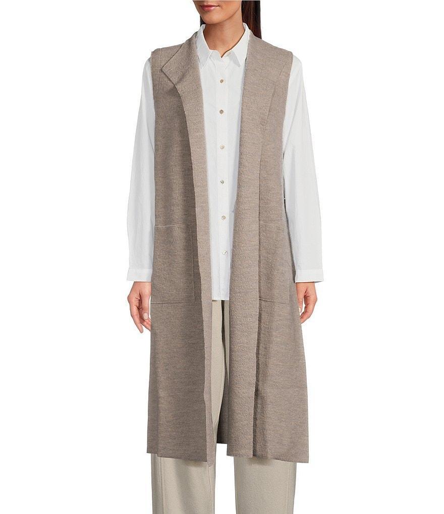 Eileen Fisher Lightweight Boiled Wool Shawl Collar Sleeveless Pocketed Side Slit Open Front Long Vest Product Image