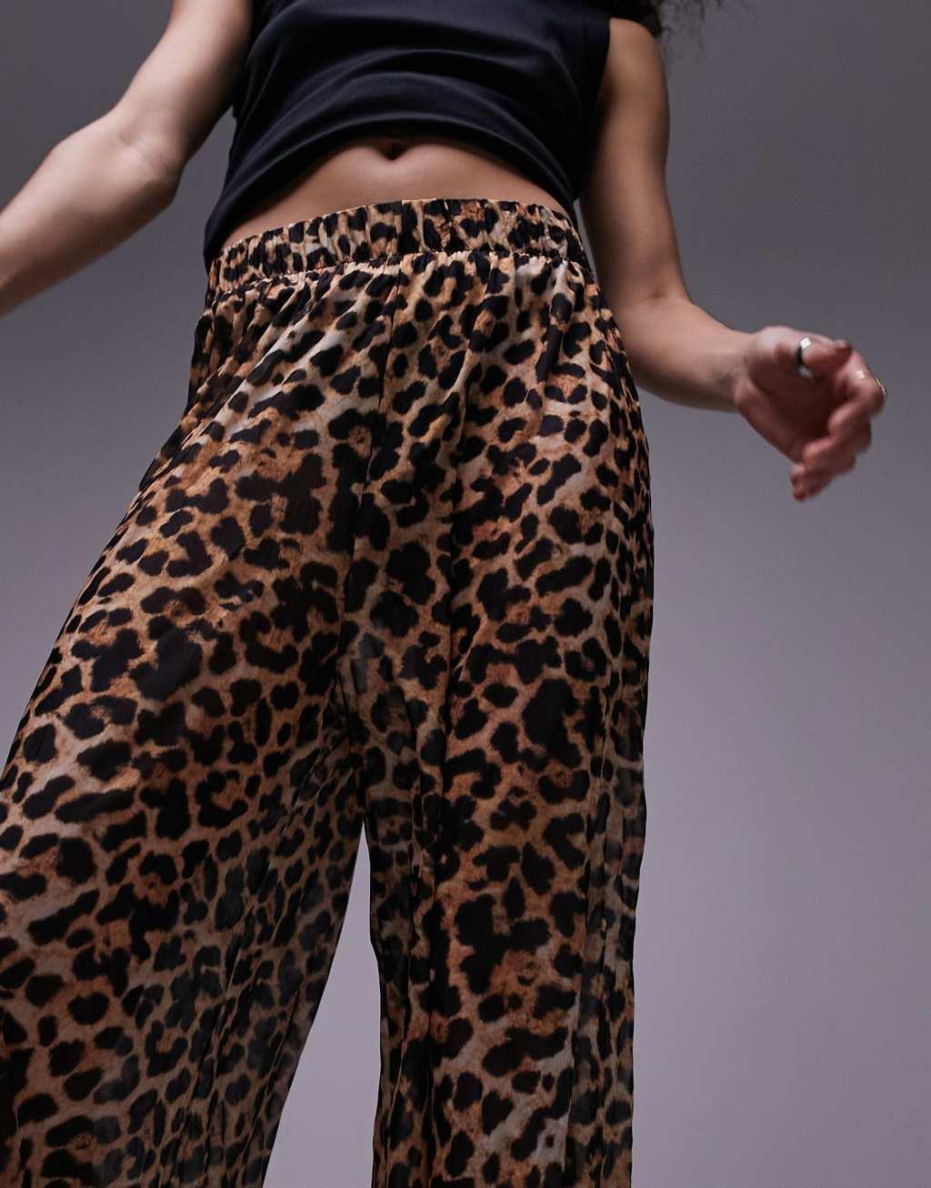 Topshop leopard print sheer crinkle pants in brown Product Image