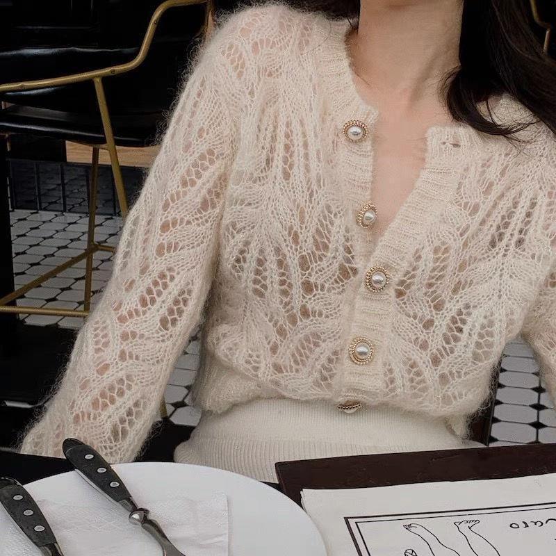 Round Neck Plain Faux Pearl Button Cardigan Product Image