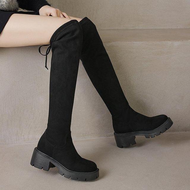 Block Heel Plain Over-The-Knee Boots Product Image