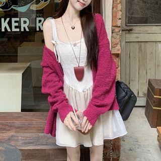 Spaghetti Strap Bow Lace Mini A-Line Dress / Plain Cardigan Product Image